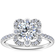 14k 白金蕾絲光環鑽石訂婚戒指